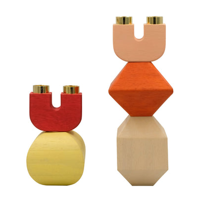 Pillar wooden candle holders - in sunny shades of yellow, pink and orange stacked into two seperate candle holders