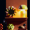 Shelf with decorative items including a lamp, fruit, and a duck figure against a dark background.