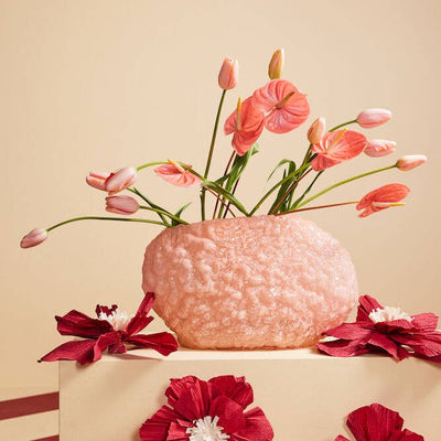 pink large, wide vase with organic, coral like structure, decorated with pastel pink flowers