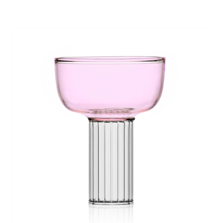 pink coupe drinking glass by margherita Rui for Ichendorf Milano, thick lined stem with a pink coloured cup, photographed on a white background