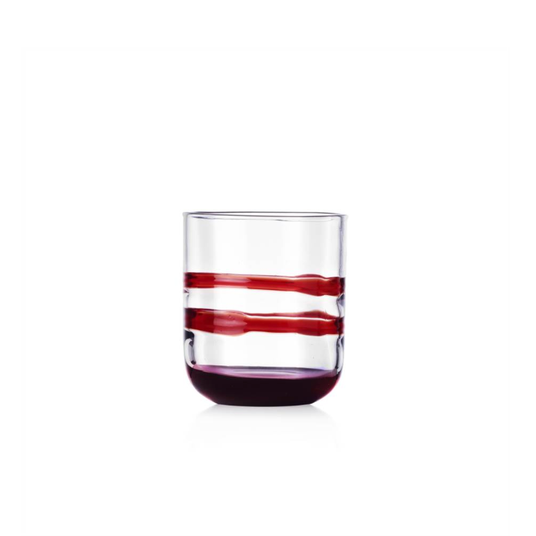 Clear glass with red horizontal stripes on a white background