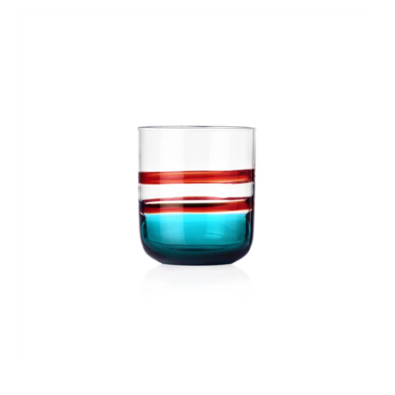 Glass with red and blue stripes on a white background