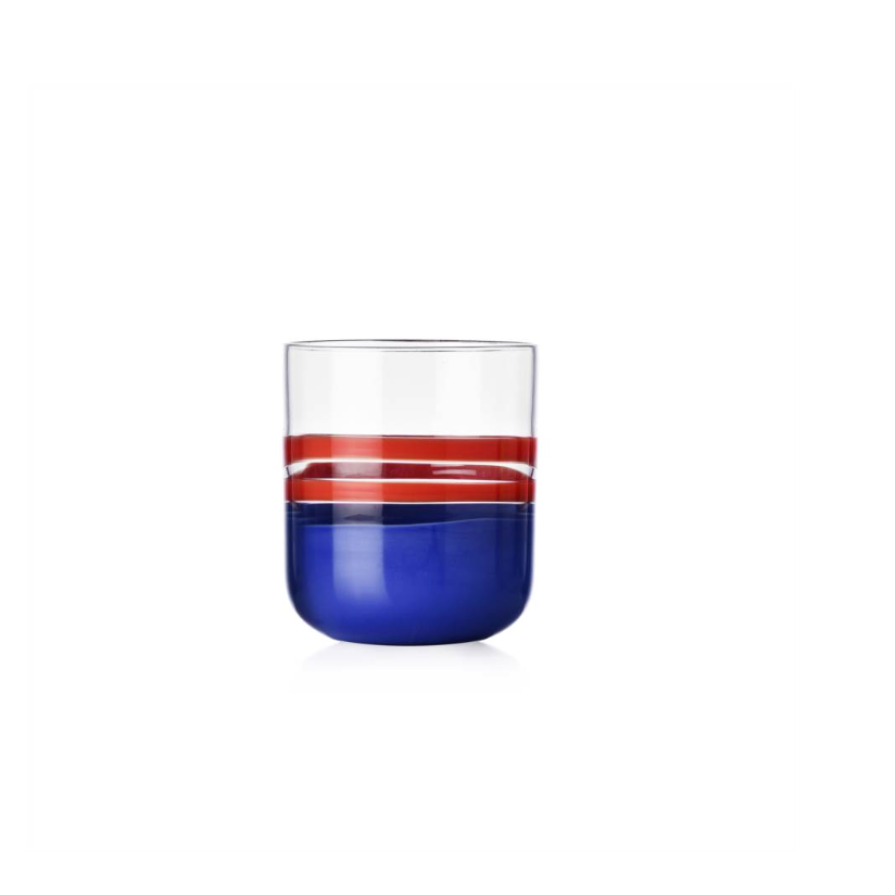 Clear glass with red and blue stripes on a white background