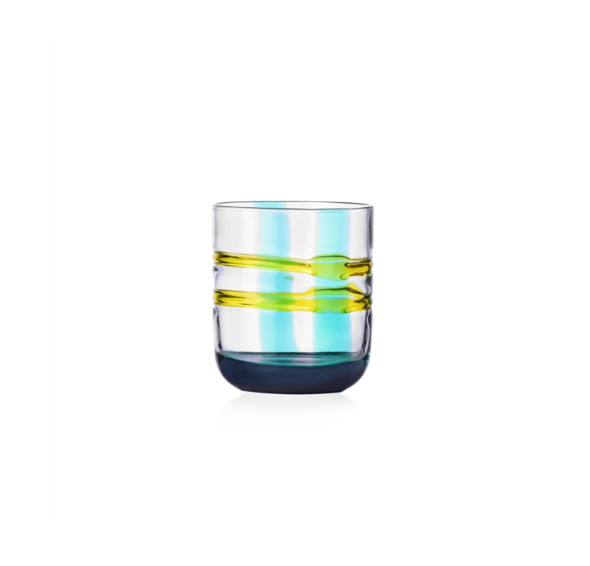 Clear glass with colorful stripes on a white background
