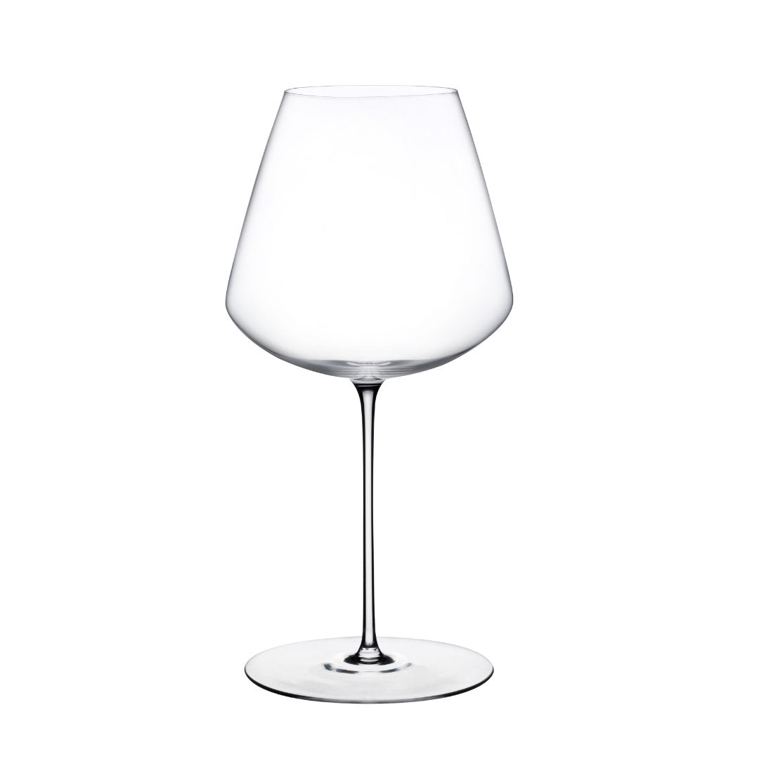 Elegant Red Wine Glass from the Stem Zero Collection by Nude Glass, shown empty on a white backdrop