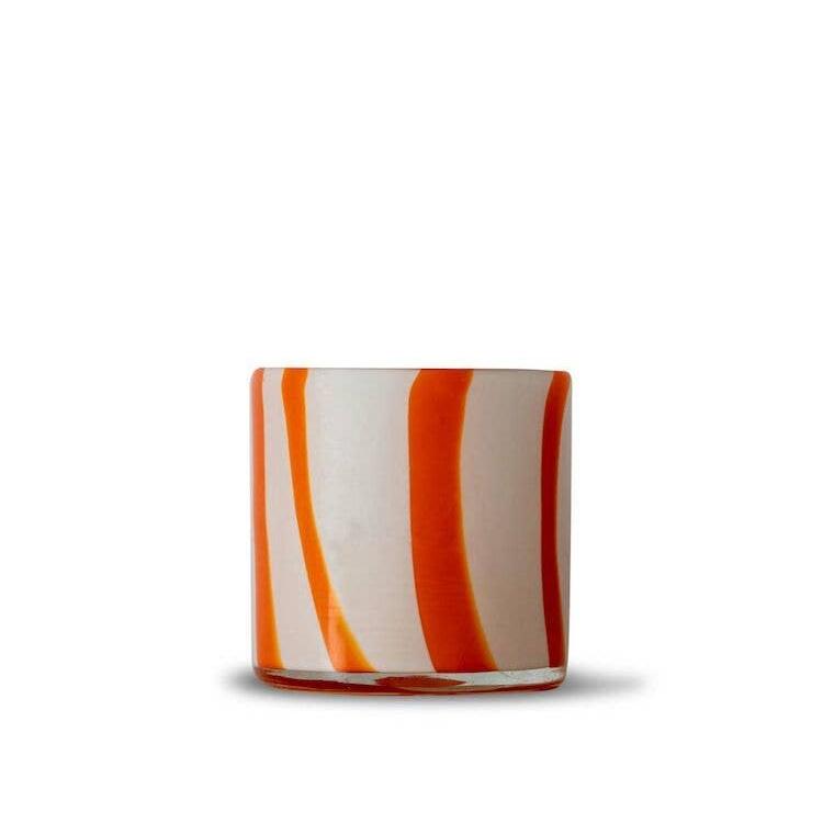 glass candle holder with thick curvy orange stripes on white