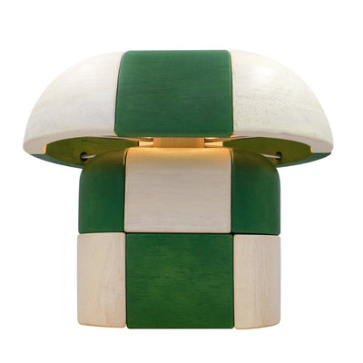 lamp made of wooden interwoven tiles, in white and green, set on a white background