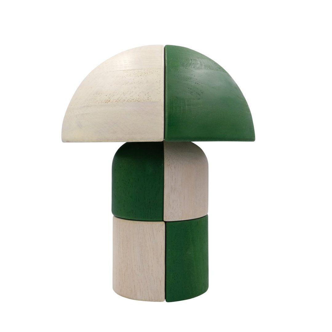 lamp made of wooden interwoven tiles, in white and green, set on a white background from the side