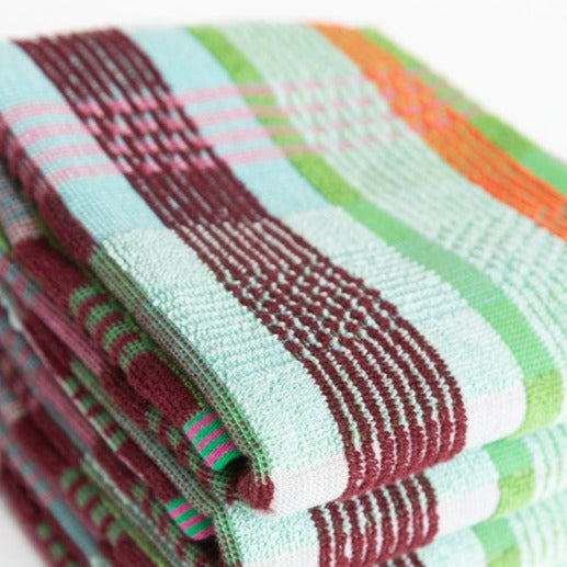 folded checkered check kitchen towel, wild weave #11, in burgundy, mind, green, orange