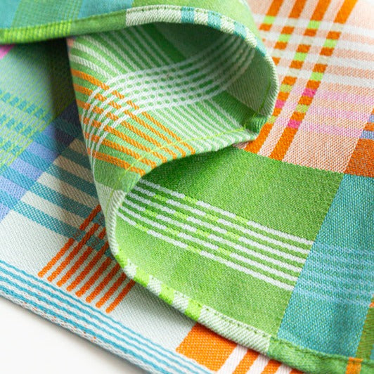 Wild Weave Kitchen towel #12b in bright green, orange, pink and blues, seam detail