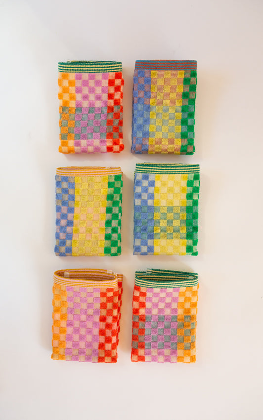 Odds and Ends multi cloth, checkered check design in primary and bright colours by Foekje Fleur, pack of 2 each with a different striped edge