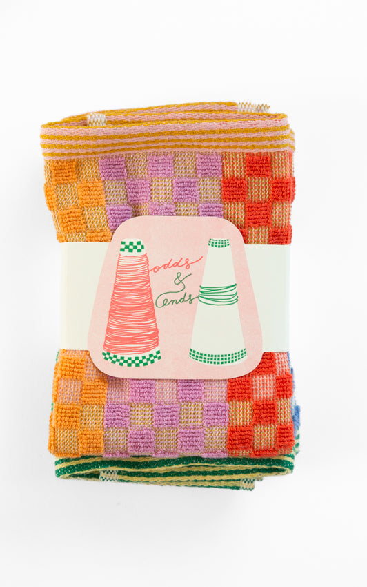 Odds and Ends multi cloth, checkered check design in primary and bright colours with a striped edge by Foekje Fleur,  limited edition number 18, pack of 2, packaged