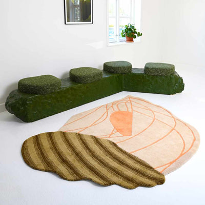 Pearl Wool Carpet by Trine Krüger | Abstract Nacre-Inspired Design | Rosé Cream with Soft Orange Line | Toffee Gradient Striped Effect | Organic Oyster Shell Shape