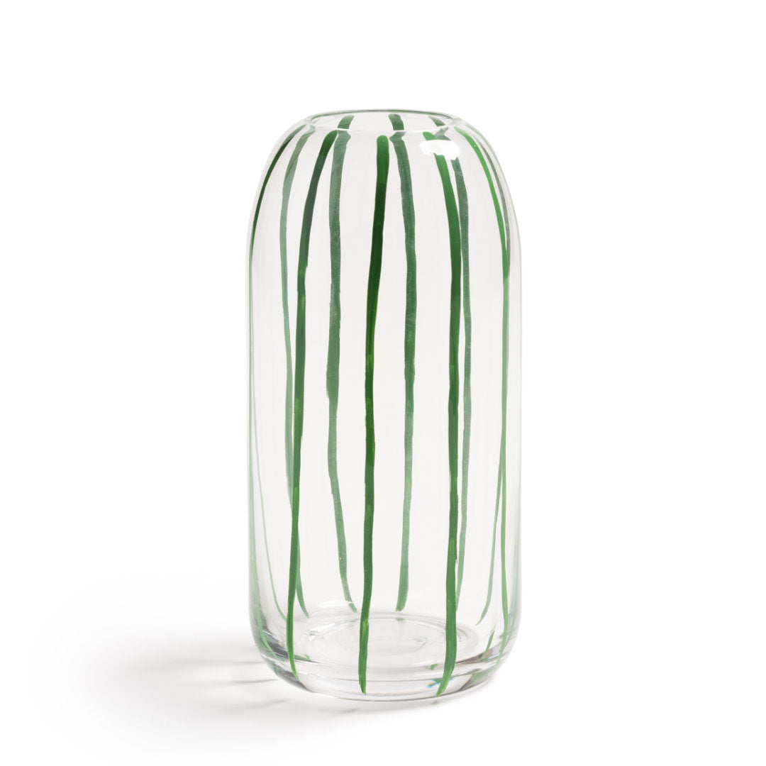 sweep vase with hand painted vertical stripes on clear glass