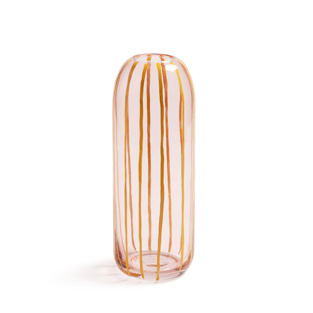 Glass Vase "Sweep" with hand painted vertical yellow stripes on pink glass