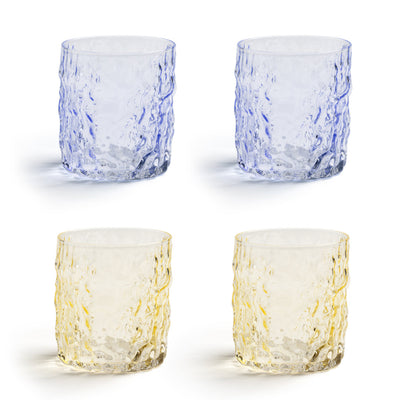 set of 4 yellow and blue drinkglasses, glassware, by klevering