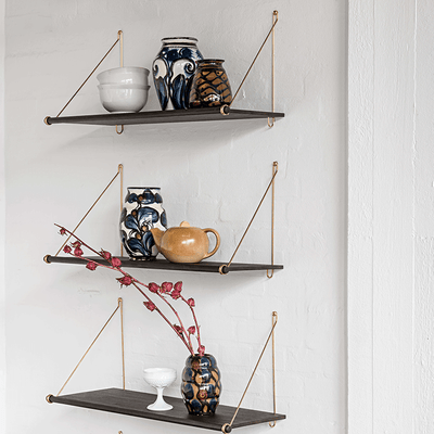 Scandinavian design, bamboo shelving system, wooden shelves with brass brackets, "Loop" dark Bamboo Shelf by We Do Wood_Nave Shop