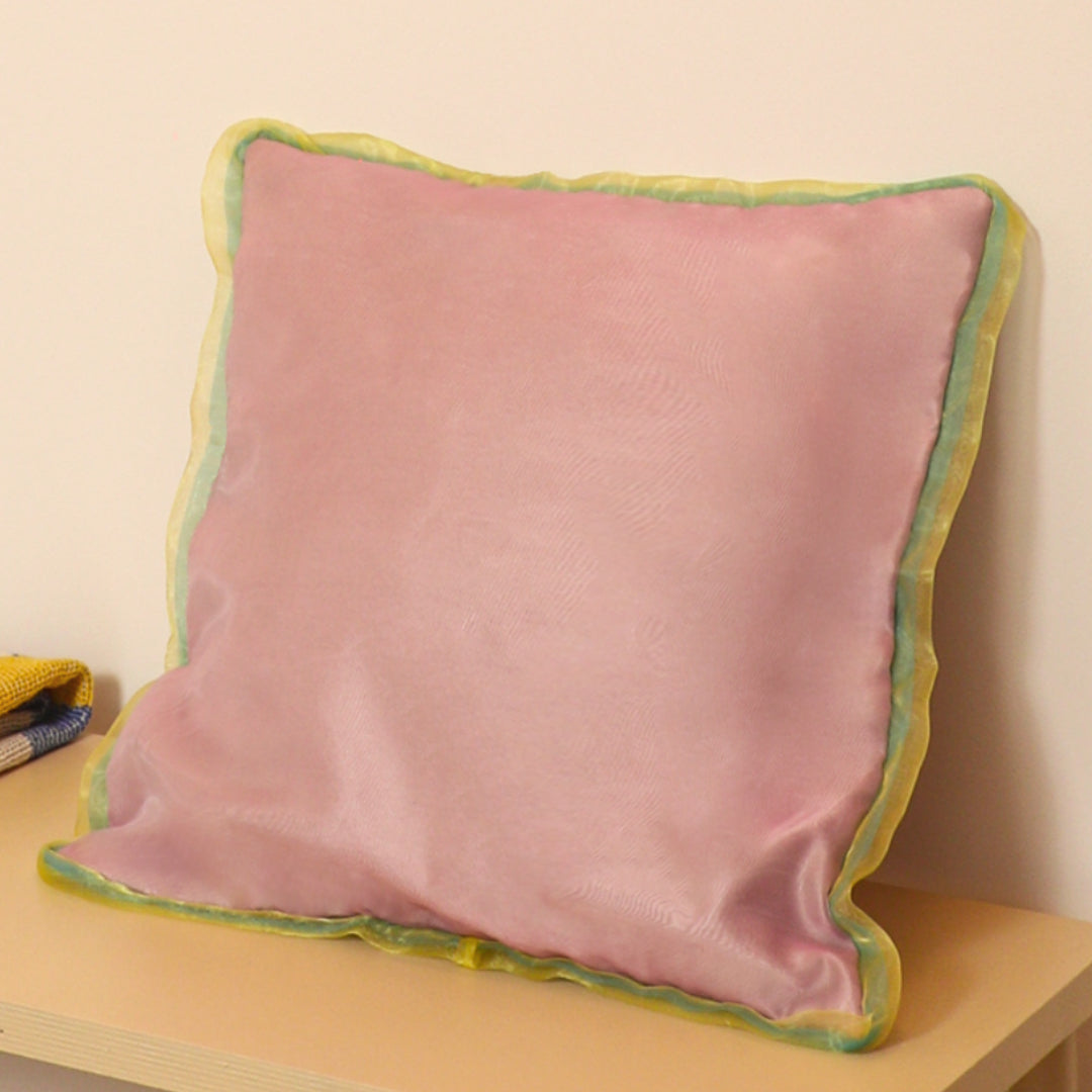 Cushion made of Recycled and repurposed vintage fabrics, whimsical design by Impressionable Scouts; tulle and organza in pastel shades of pink and yellow, upcycled design by