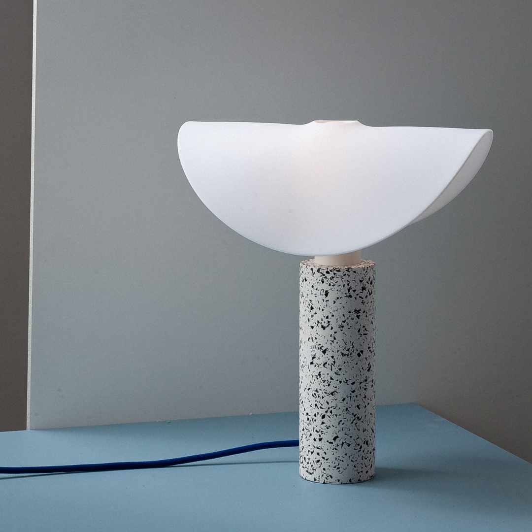 Swap it lamp with black and white charcoal base with large white lampshade, designed by Moodlight Studio and made in France
